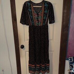Boho Black Floral Maxi Dress with Teal and Rust Accents